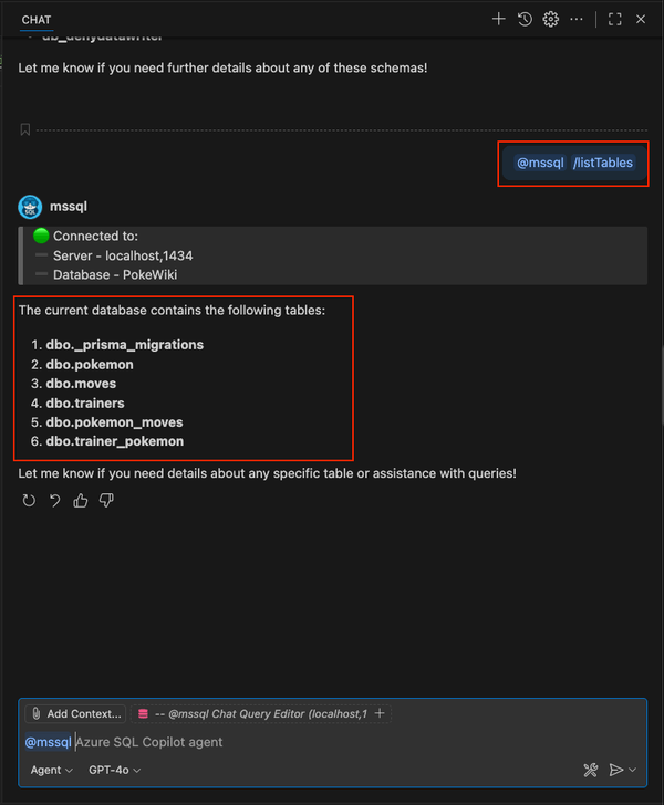 GitHub Copilot チャットで /listTables スラッシュ コマンドを使用しているスクリーンショット。