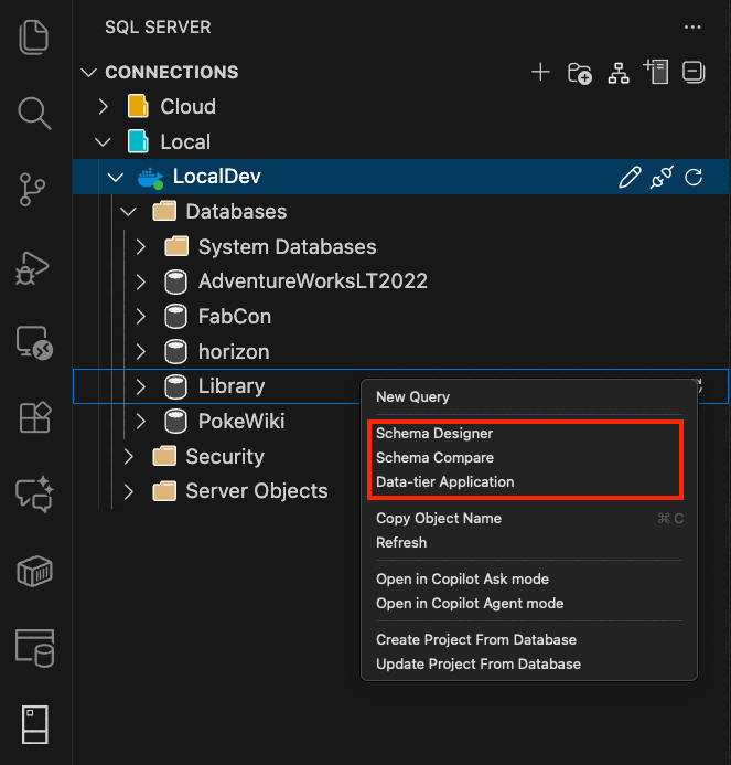 Visual Studio Code 用の MSSQL 拡張機能でデータ層アプリケーション エクスペリエンスを起動するスクリーンショット。
