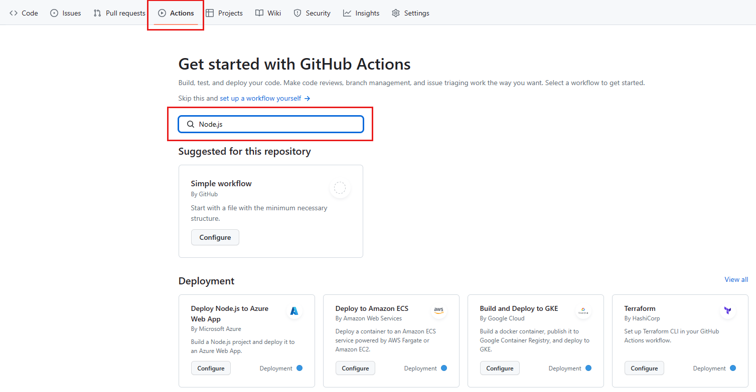 検索ボックスが強調表示され、テキストが Node.jsされた [GitHub Actions] タブを示すスクリーンショット。