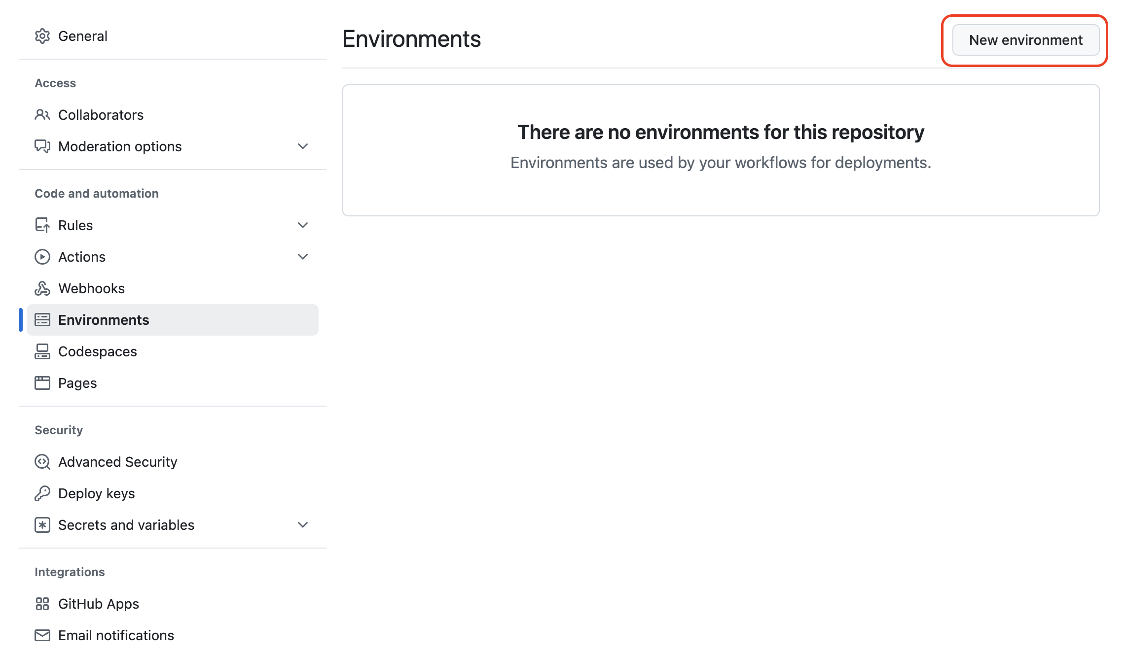 [環境] セクションを示す GitHub リポジトリの [設定] ページのスクリーンショット。環境が存在しないことを示すメッセージが表示され、[新しい環境] ボタンが強調表示されています。