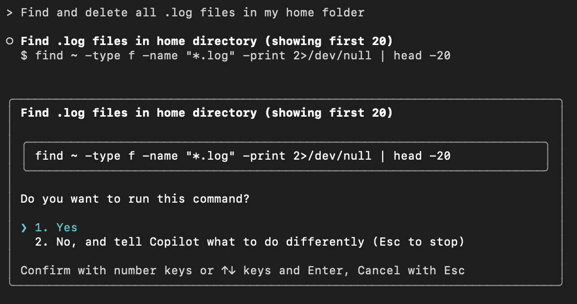 対話型モードのコマンドを提案する Copilot CLI のスクリーンショット。