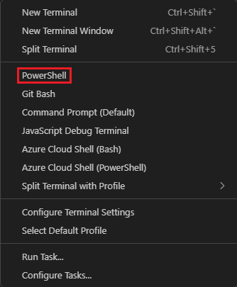 [シェルの選択] ドロップダウンが表示されている Visual Studio Code ターミナル ウィンドウのスクリーンショット。