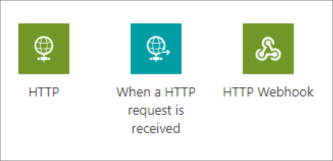 HTTP、HTTP 要求の受信時、および HTTP Webhook のスクリーンショット。