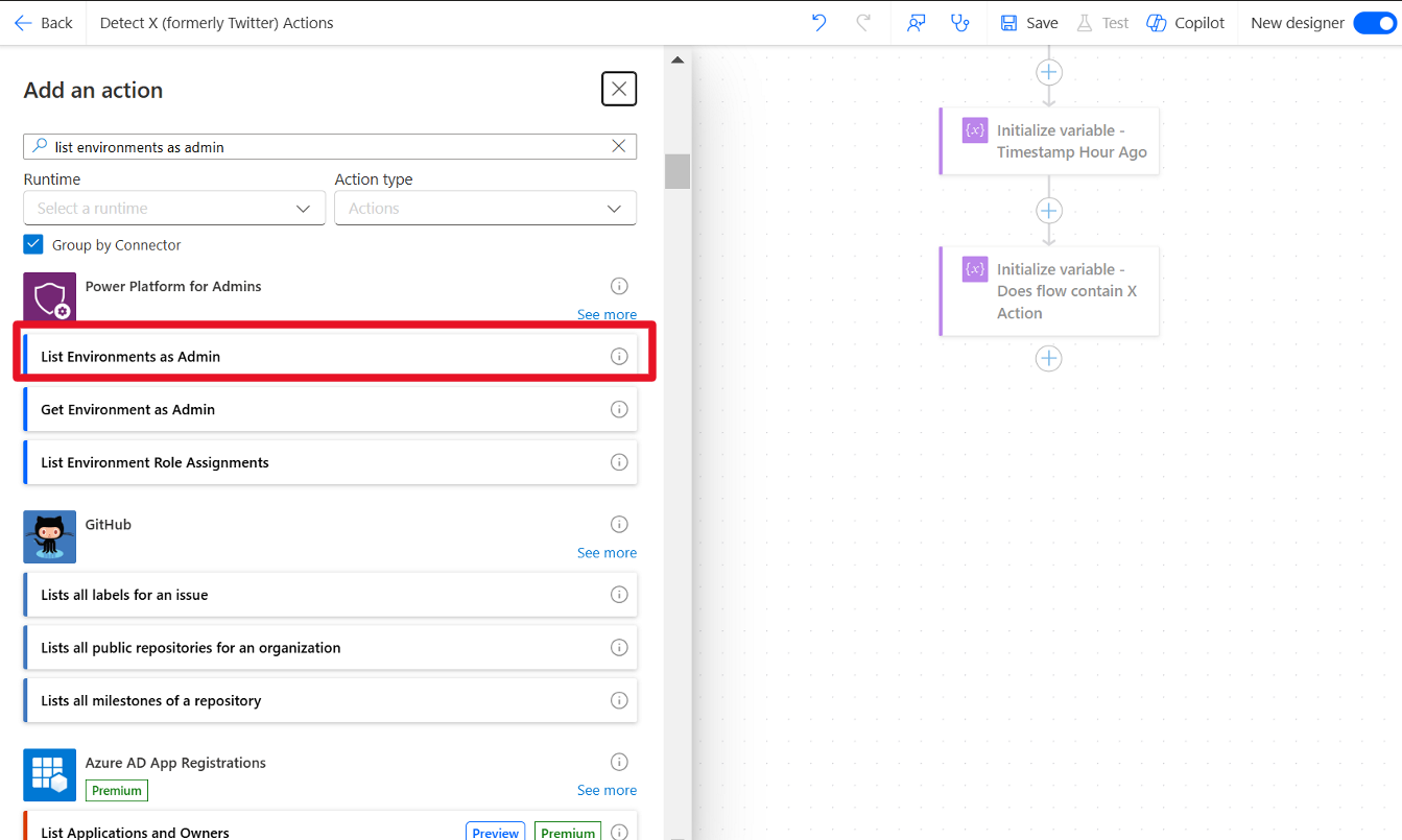 新しい [Power Platform for Admins] アクションのスクリーンショット。[管理者として環境を一覧表示] オプションが強調表示されています。