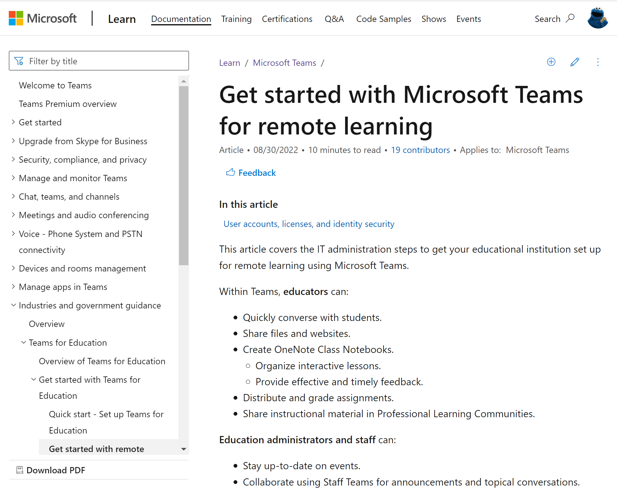 リモート学習を始めるためのMicrosoft Teamsの概要に関する記事のスクリーンショット