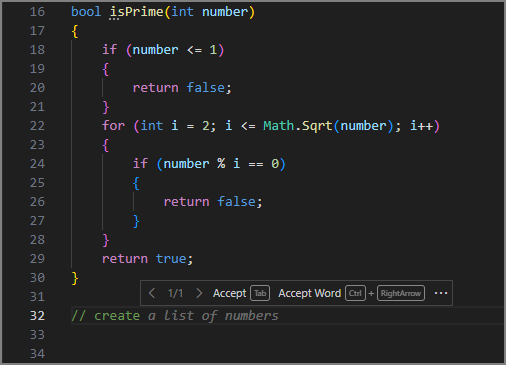 『Visual Studio Code エディターのスクリーンショットには、「// 数字のリストを作成する」というコメントを完成するゴーストテキスト候補が表示されています』。