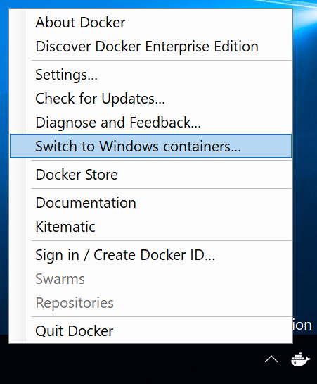 Docker システム トレイ メニューのスクリーンショット。[Windows コンテナーへの切り替え] コマンドが選択されています。