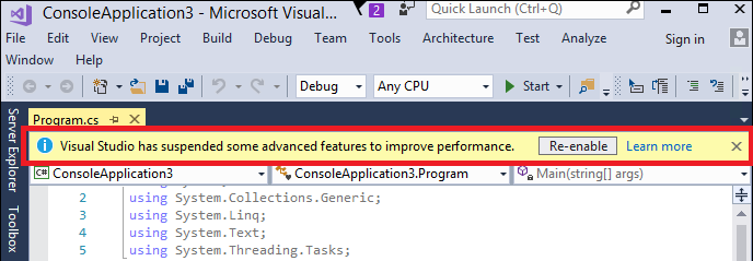 Visual Studio によって分析スコープが最小限に抑えられるというアラート警告を示すスクリーンショット。