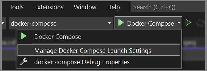 デバッグから Compose 設定の管理のメニュー項目のスクリーンショット。