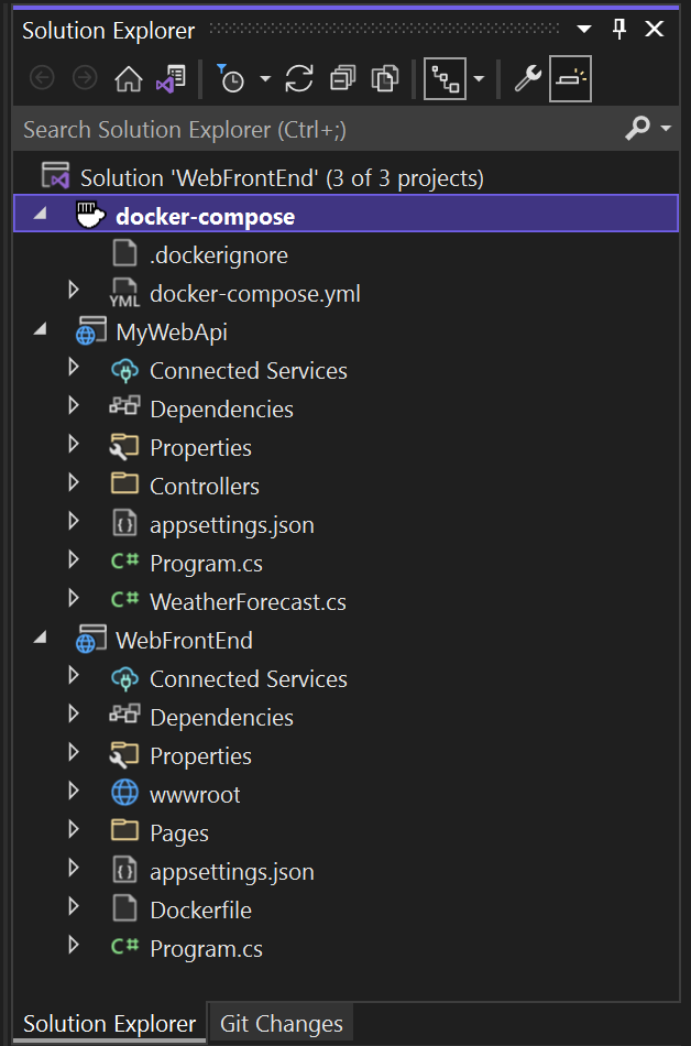 Docker Compose プロジェクトが追加されたソリューション エクスプローラーのスクリーンショット。