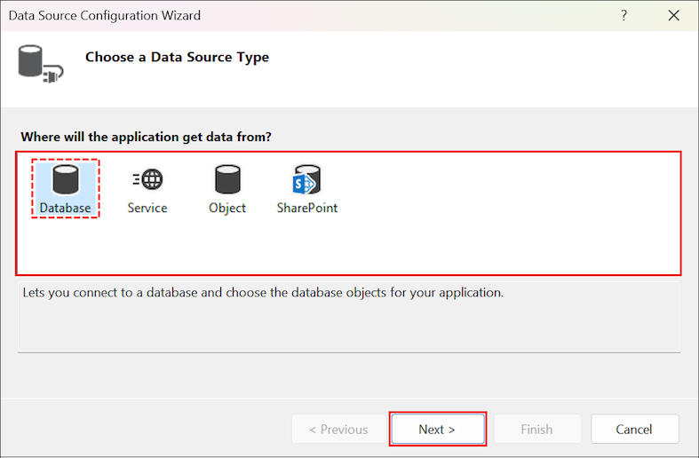 Visual Studio のデータ ソース構成ウィザードを示すスクリーンショット。