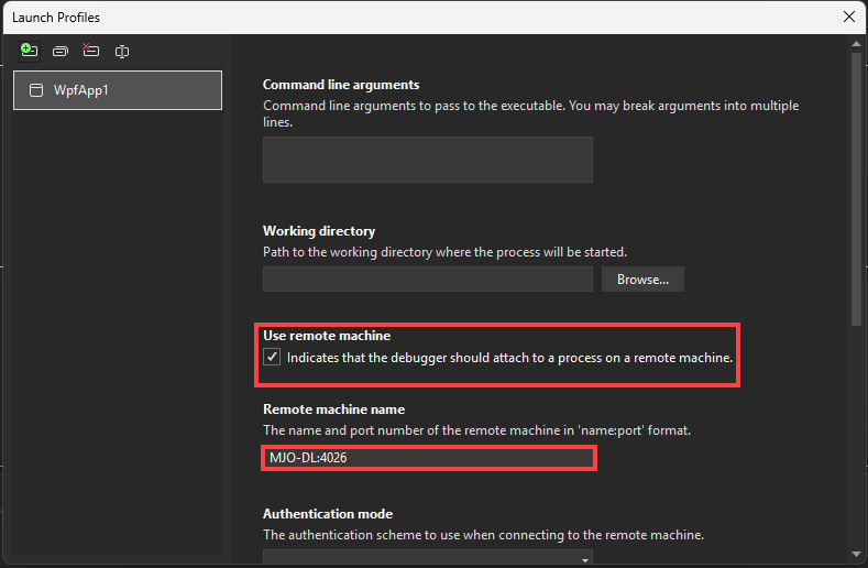 Visual Studio プロジェクトプロパティのデバッグ起動プロファイル UI のスクリーンショット（C# および .NET 用）