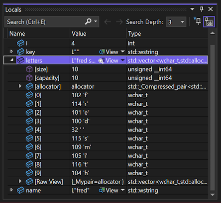 Visual Studio 2022 の [ローカル] ウィンドウで変数と値を検査する方法を示すスクリーンショット。
