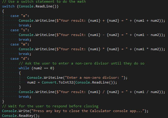 Visual Studio Code エディターの変更された switch セクションを示すスクリーンショット。