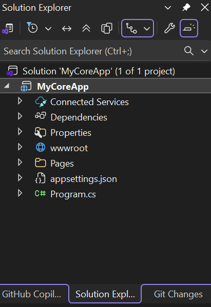 スクリーンショットは、Visual Studio のソリューション エクスプローラーで選択されている MyCoreApp プロジェクトとその内容を示しています。
