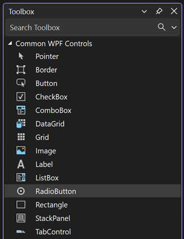 共通 WPF コントロールの一覧で RadioButton コントロールが選択されているツールボックス ウィンドウのスクリーンショット。