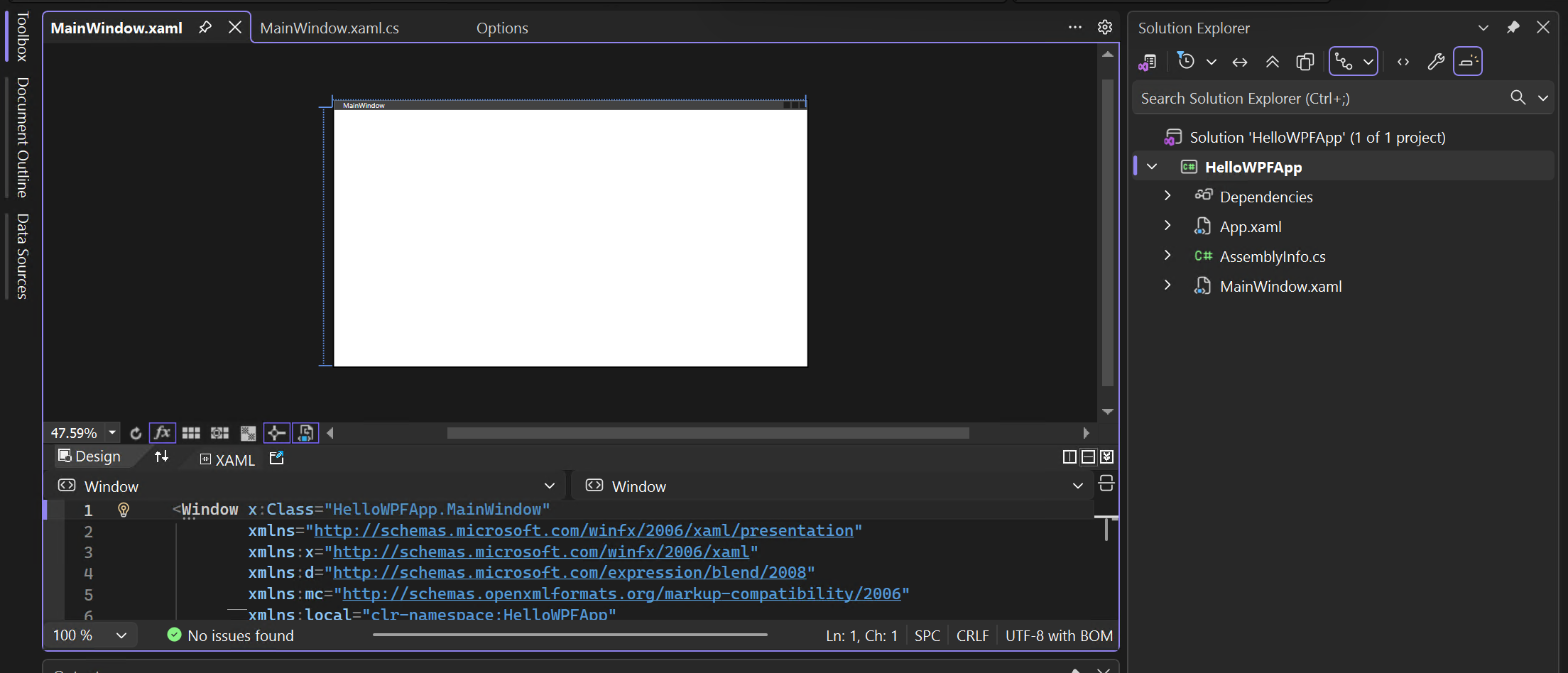 ソリューション エクスプローラーのプロジェクトとソリューションのスクリーンショット。'MainWindow.xaml' の XAML ビューとデザイナー ビューが開いています。