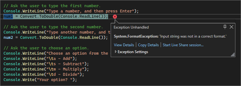 Visual Studio Code エディターのハンドルされない形式エラーを示すスクリーンショット。