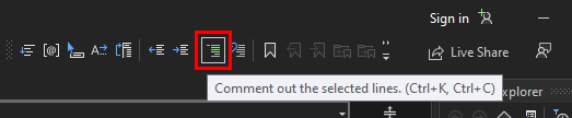 Visual Studio 2022 のテキスト エディター ツール バーの [コメント アウト] ボタンのスクリーンショット。