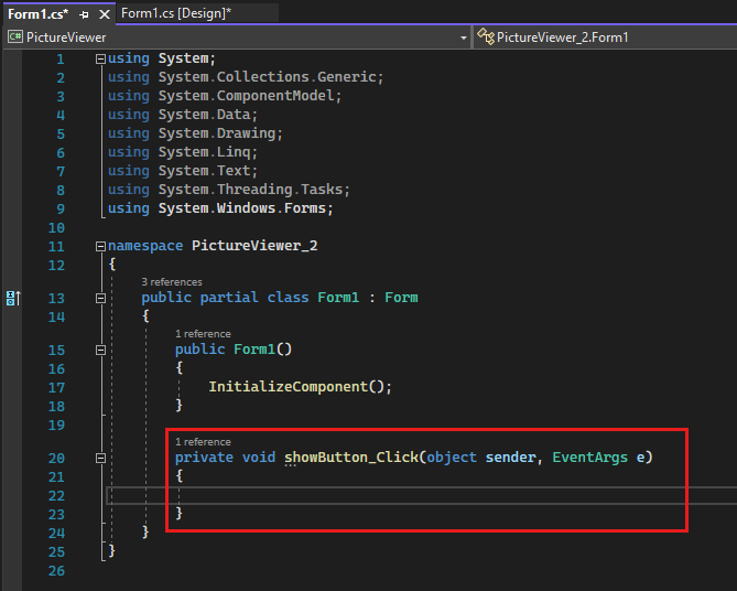 スクリーンショットは、Visual C のシャープ コードを含む [Form1.cs] タブを示しています。