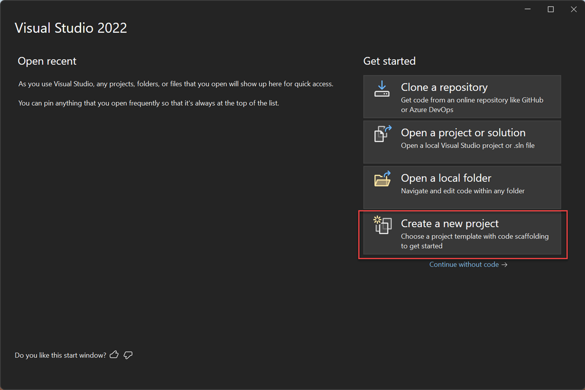 Visual Studio 2022 のスタート ウィンドウの [新しいプロジェクトの作成] オプションを示すスクリーンショット。