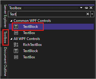 Visual Studio 2022 のツールボックス ウィンドウで、共通 WPF コントロールの一覧にある TextBlock コントロールが強調表示されているスクリーンショットを示しています。