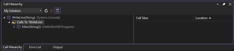 Visual Studio の [呼び出し階層] ウィンドウを示すスクリーンショット