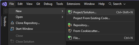  Visual Studio メニュー バーの [ファイル] > [新しい> プロジェクト] の選択のスクリーンショット。
