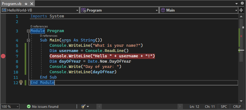 Visual Studio 2022 のコード行にブレークポイントがあることを示すスクリーンショット