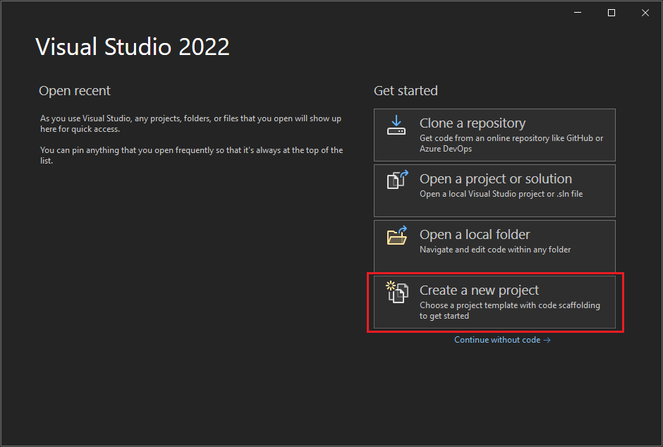 [新しいプロジェクトの作成] が選択された Visual Studio のスタート ウィンドウを示すスクリーンショット。
