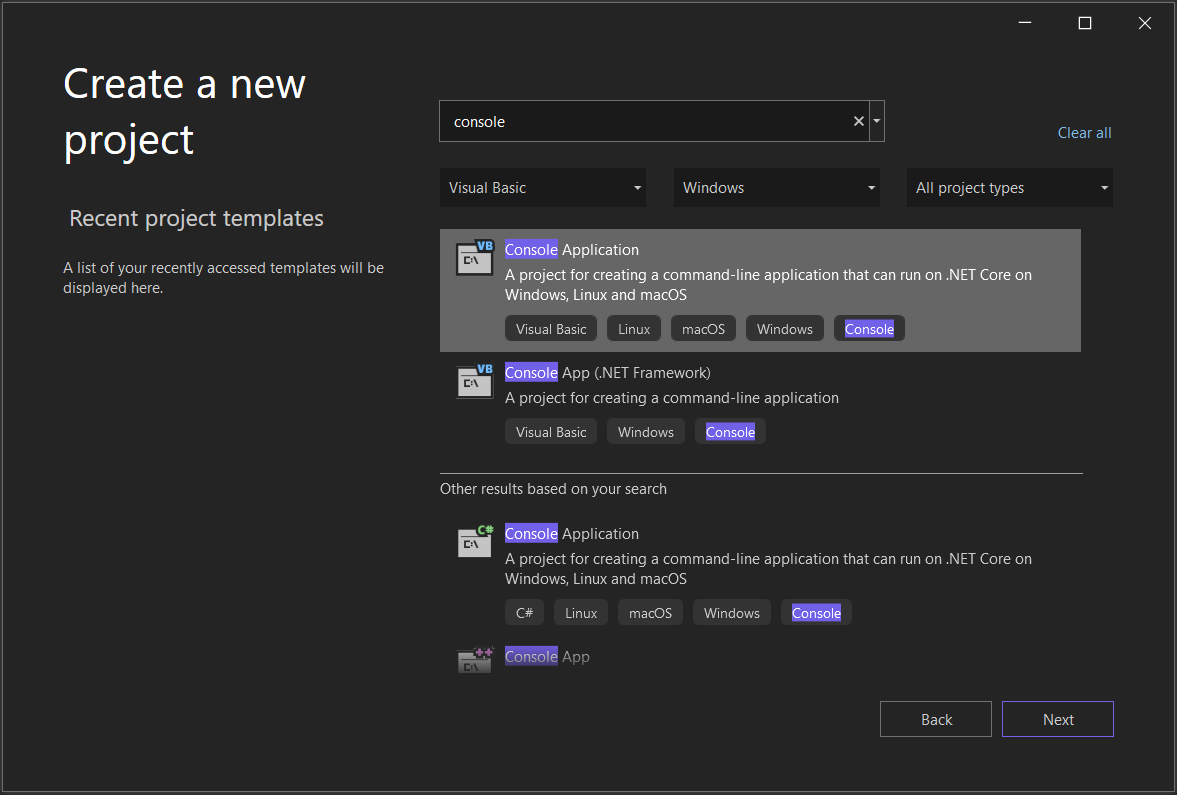 Visual Studio 2022 の [Create a new project]\(新しいプロジェクトの作成\) ウィンドウのスクリーンショット。検索ボックスに [コンソール] が表示され、[言語とプラットフォーム] フィルターに [Visual Basic] と [Windows] が選択され、[コンソール アプリ] プロジェクト テンプレートが選択されています。