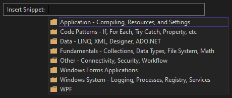スクリーンショットが表示されています。[スニペットの挿入] ウィンドウに、Visual Basic のコード スニペットを含むカテゴリフォルダーの一覧があります。