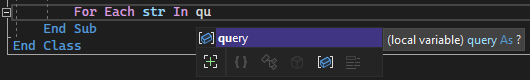 Visual Studio のコードエディターで、単語 'query' のインテリセンスによる単語補完ウィンドウのスクリーンショット