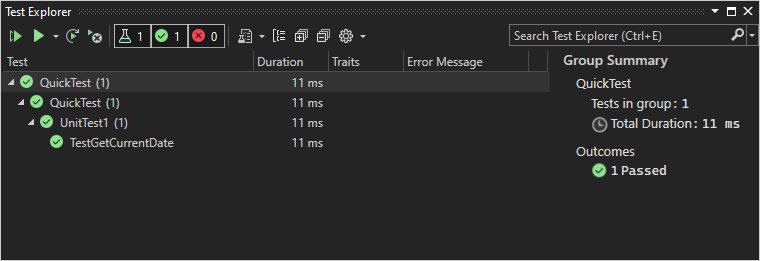  TestGetCurrentDate テストが成功したことを示すVisual Studioのテスト エクスプローラーのスクリーンショット。