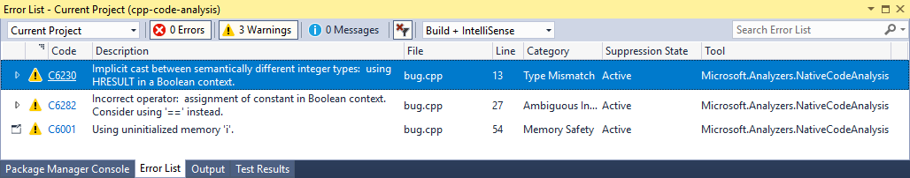 警告が表示された Visual Studio エラー一覧のスクリーンショット。