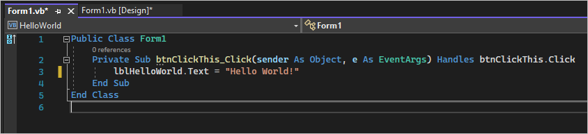 スクリーンショットは、Visual Basic コードを追加できる Form1.vs タブのクラスを示しています。