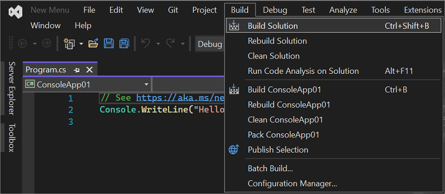 Visual Studio IDE の [ビルド] メニューのスクリーンショット。