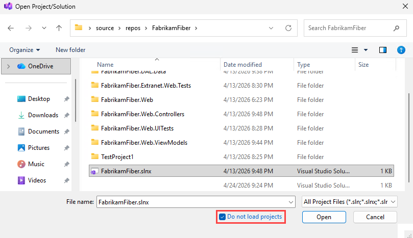 [プロジェクトを読み込まない] が選択されている [Visual Studio Projectを開く] ダイアログのスクリーンショット。