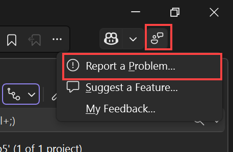 Visual Studio ウィンドウの右上隅で選択されたフィードバック アイコンと、コンテキスト メニューで選択した問題の報告を示すスクリーンショット。