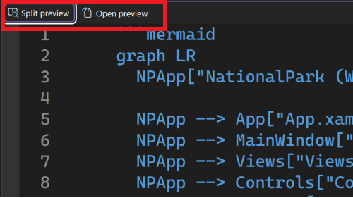 Visual Studio エディターツール バーの Markdown プレビュー コントロールのスクリーンショット。分割プレビュー、開くプレビュー、およびマークダウンの編集モードのオプションが表示されています。