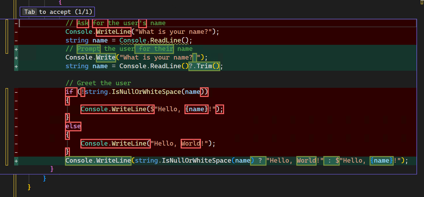 Visual Studio の差分ビューのコード候補のスクリーンショット。