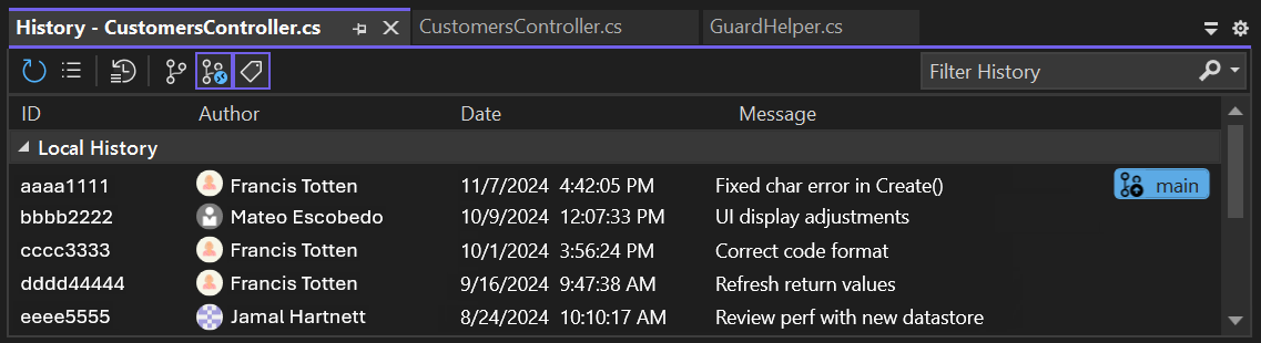 Visual Studio の GitHub リポジトリ内のコードに対する CodeLens 変更履歴を示すスクリーンショット。
