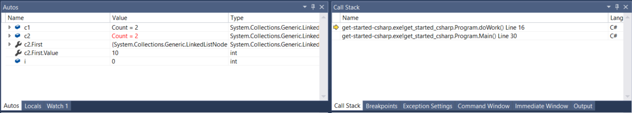 Visual Studio の [自動変数] ウィンドウと [呼び出し履歴] ウィンドウのスクリーンショット。