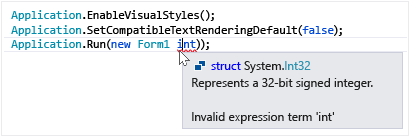 Visual Studio のエラー ホバー アクションのスクリーンショット。