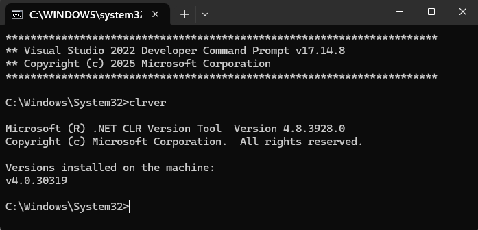 Visual Studio の開発者コマンド プロンプトのスクリーンショット。