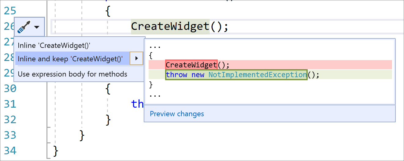 変換 'Inline and keep 'CreateWidget()' が選択され、C# コードの変更が表示されたVisual Studioの [クイック アクションとリファクタリング] メニューのスクリーンショット。