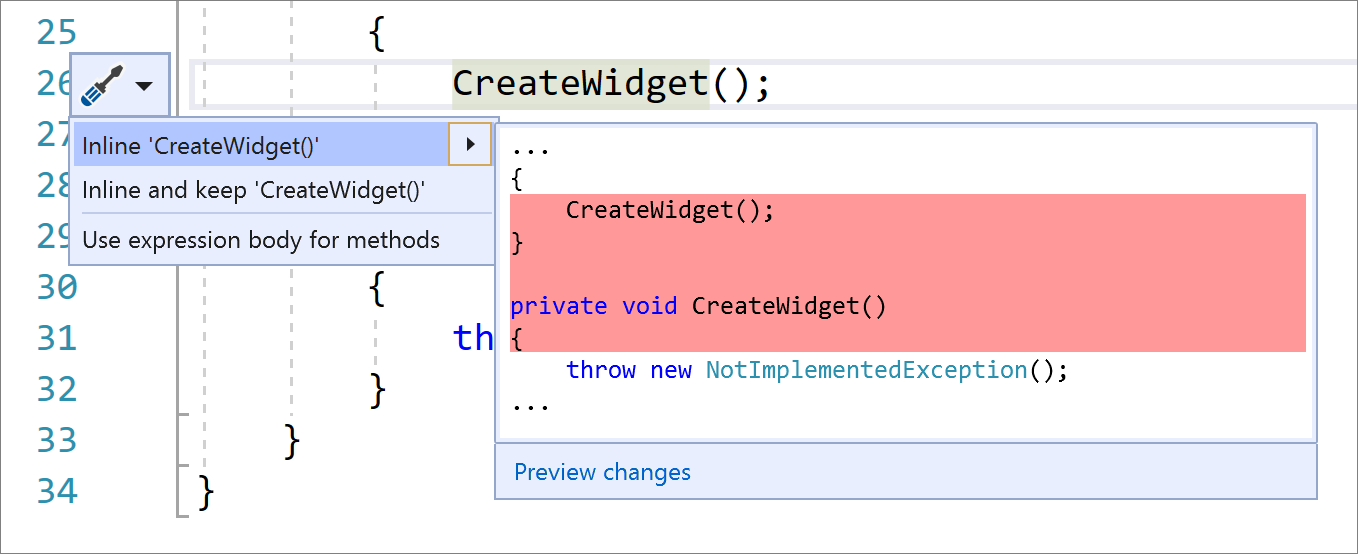 'インライン 'CreateWidget()' の変換が選択され、C# コードの変更が表示されたVisual Studioの [クイック アクションとリファクタリング] メニューのスクリーンショット