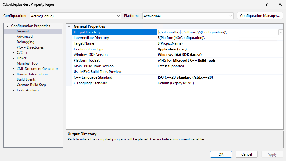 C++ プロジェクトのプロパティ ページのスクリーンショット。