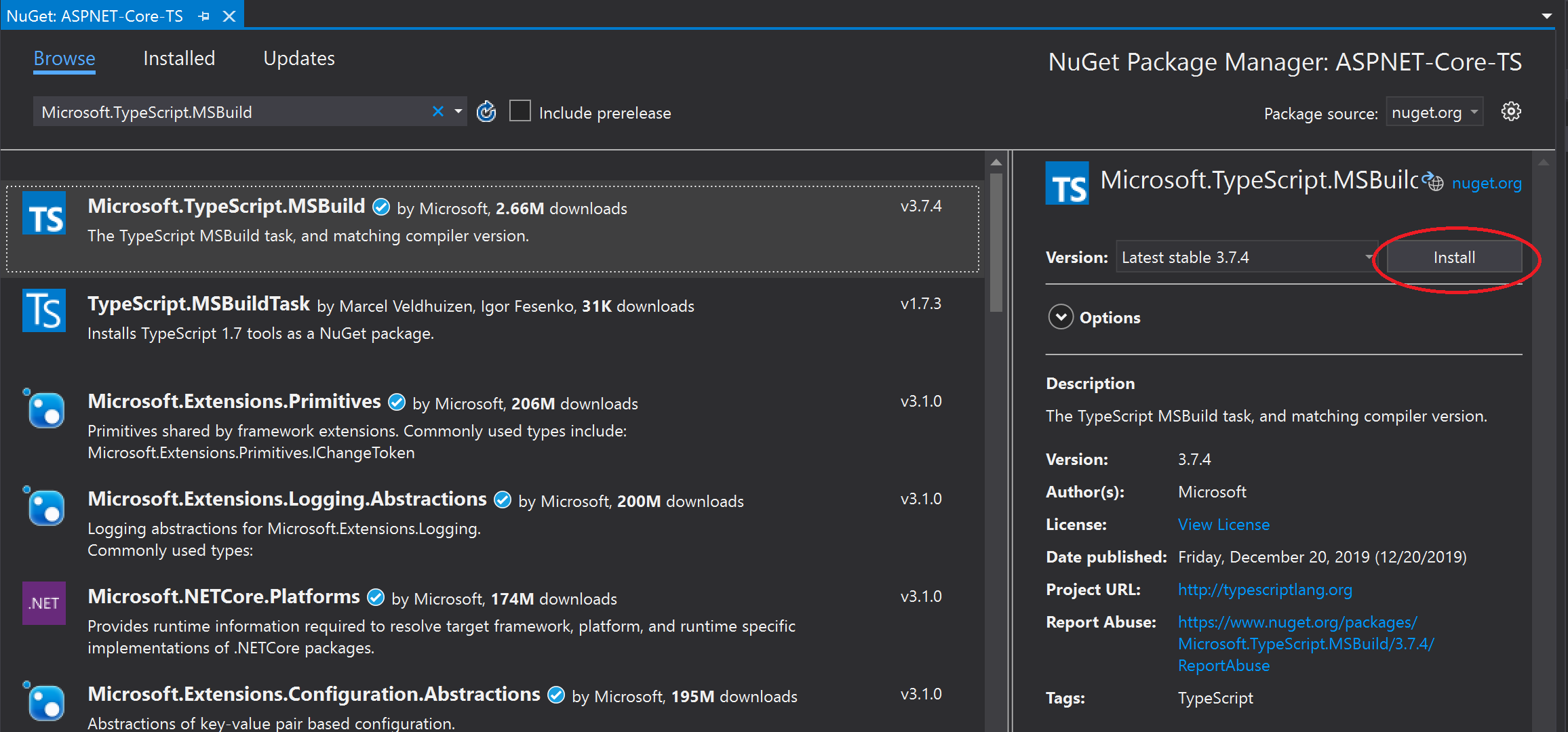 NuGet パッケージをインストールする方法を示すスクリーンショット。