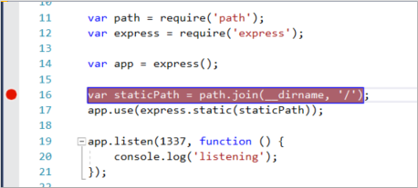 JavaScript コードを示す Visual Studio Code ウィンドウのスクリーンショット。左側の余白の赤い点は、ブレークポイントが設定されていることを示します。